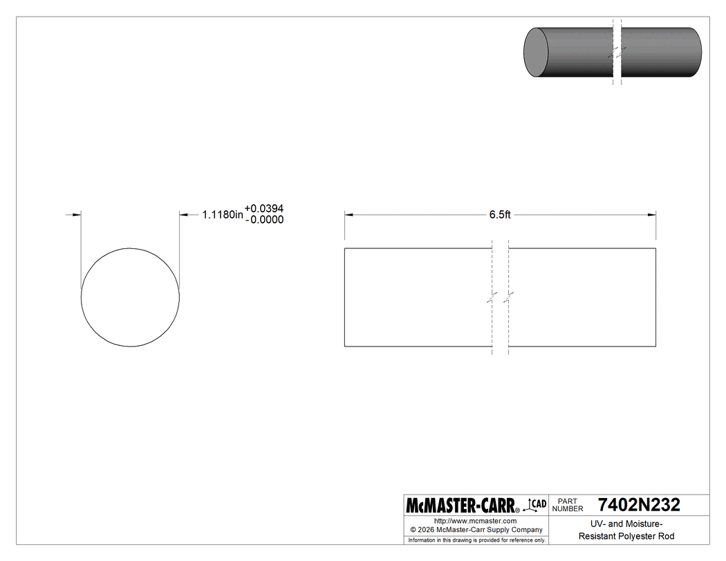 Technical Drawing of UV- and Moisture-Resistant Polyester Rod, 1-1/8" Diameter, 6-1/2 Feet Long.